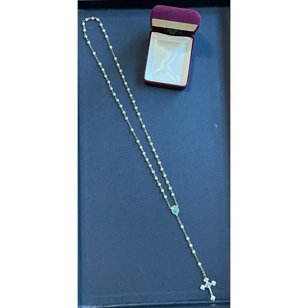 Silver Rosary Necklace with Crucifix and Pearl Beads
